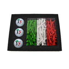 Golfgeschenk-Sets in Nationalfarben, mit Golfbaellen und Tees.